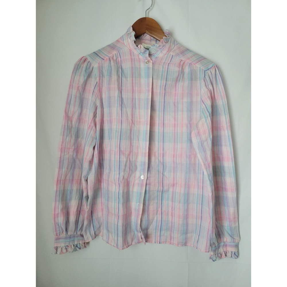 Vintage Shirt Accent Women's Blouse Size 36 (8) Pastel Plaid Ruffle Collar